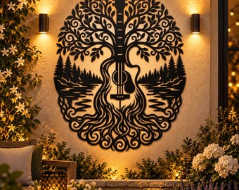 Guitar Metal Wall Art, Tree of Life Design for Music Room and Studio