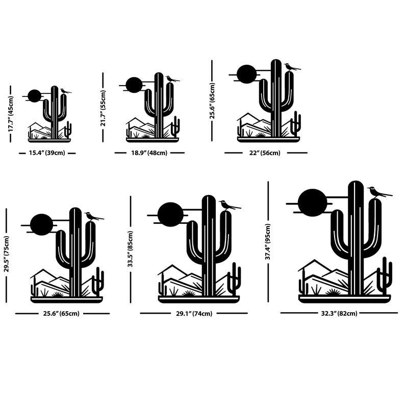 May include: A set of six black and white silhouette cactus illustrations with a desert landscape and a sun in the background. The illustrations are available in six different sizes, ranging from 39 cm to 82 cm.