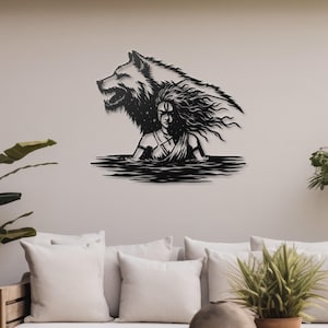 Metalen muurkunst wolf vrouw, silhouet vrouwelijke krijger, muurdecoratie wolfgeest, donkere vrouwelijke krachtkunst, moderne metalen muurdecoratie afbeelding 7