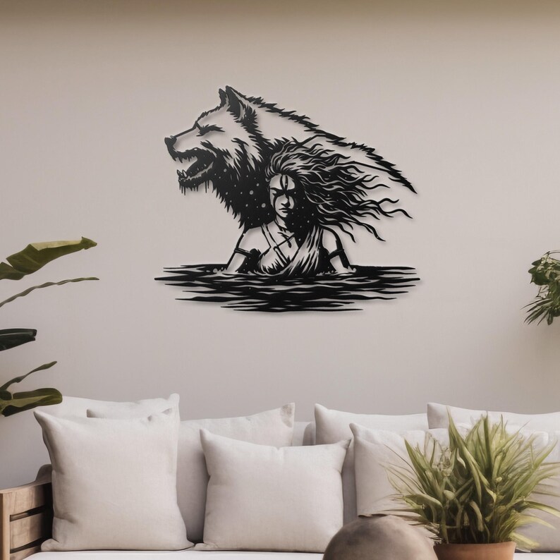 Metalen muurkunst wolf vrouw, silhouet vrouwelijke krijger, muurdecoratie wolfgeest, donkere vrouwelijke krachtkunst, moderne metalen muurdecoratie afbeelding 7
