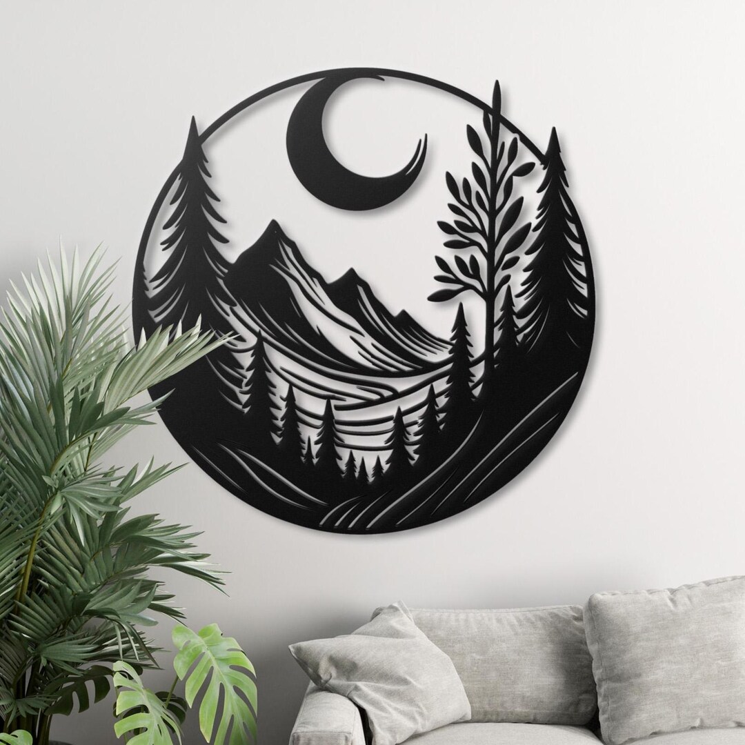 Mountain Scene Metal Wall Art, Moon & Trees Decor, Nature Wall Art ...