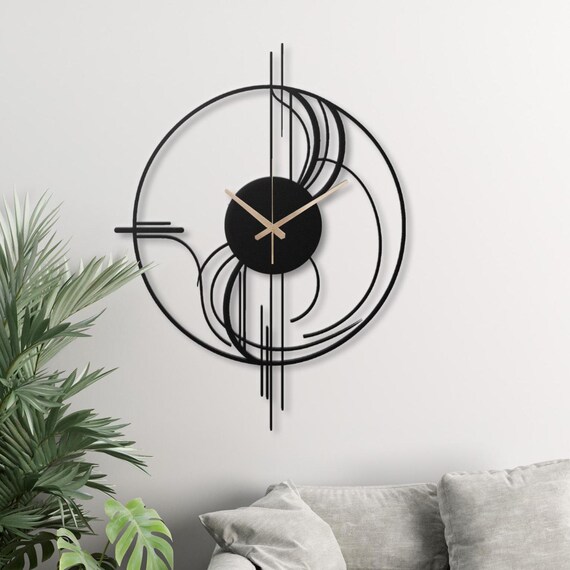 Large Abstract Metal Wall Clock - 56 Inch Black & White 3D Geometric Art Decor For Living Room, Bedroom, Dining Room