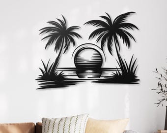 Tropical Sunset Metal Wall Art, Palm Tree Silhouette, Coastal Decor