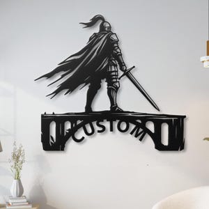 Custom Metal Wall Art Knight Bridge Personalized Name  Medieval Fantasy Sword Warrior Gamer Room Man Cave Wall Hanging Family Sign