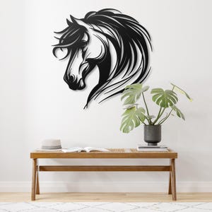 May include: Black metal wall art depicting a horse's head with flowing mane. The horse is facing left and has a stylized design. The art is mounted on a white wall above a wooden bench.