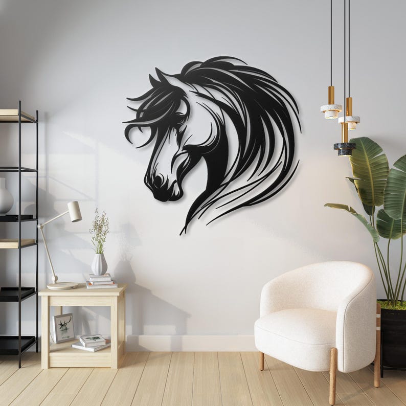 May include: Black metal wall art featuring a horse's head with flowing mane. The horse is facing left and has a detailed design.