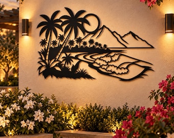 Palm Tree Metal Wall Art, Tropical Coast with Mountains and Waves, Beach House Decor