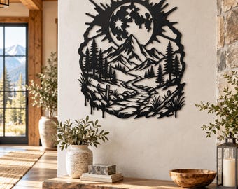 Metal Wall Art, Mountain Wall Decor, Nature Wall Art, Rustic Cabin Decor, Forest Landscape Metal Art, Outdoor Lover Gift