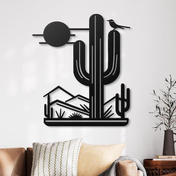 Metal Cactus Wall Art | Southwest Desert Silhouette with Bird