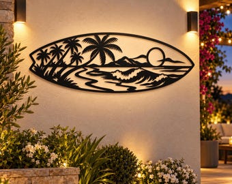 Tropical Surfboard Metal Wall Art, Palm Tree Beach Scene, Coastal Sunset Decor, Vintage Surf Wall Hanging