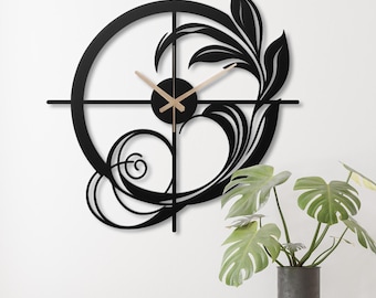 Floral Metal Wall Clock: Elegant Black Leaf Art, Silent Decor