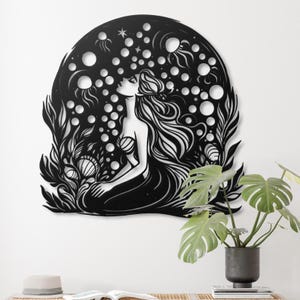 Metal Wall Art Mermaid Black Ocean Sea Underwater Fantasy Decor Bathroom Coastal Beach Home Bedroom Wall Hanging Marine Nautical Gift