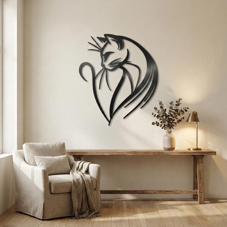 Arte mural de metal con gatos, decoración moderna de pared con gatos, regalo para amantes de los gatos, adorno minimalista de pared con mascotas, decoración para sala de estar y dormitorio. imagen 4