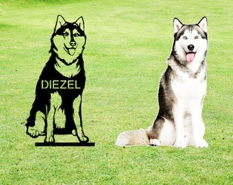 Customized Siberian Husky Dog Pet Memorial Statue Black Metal Yard Stake
