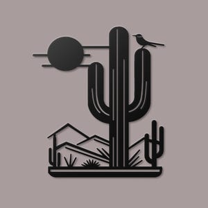 May include: Black metal wall art depicting a desert scene with a tall cactus, a small bird perched on top, and a sun in the background. The cactus has multiple arms and is surrounded by smaller cacti and mountains.