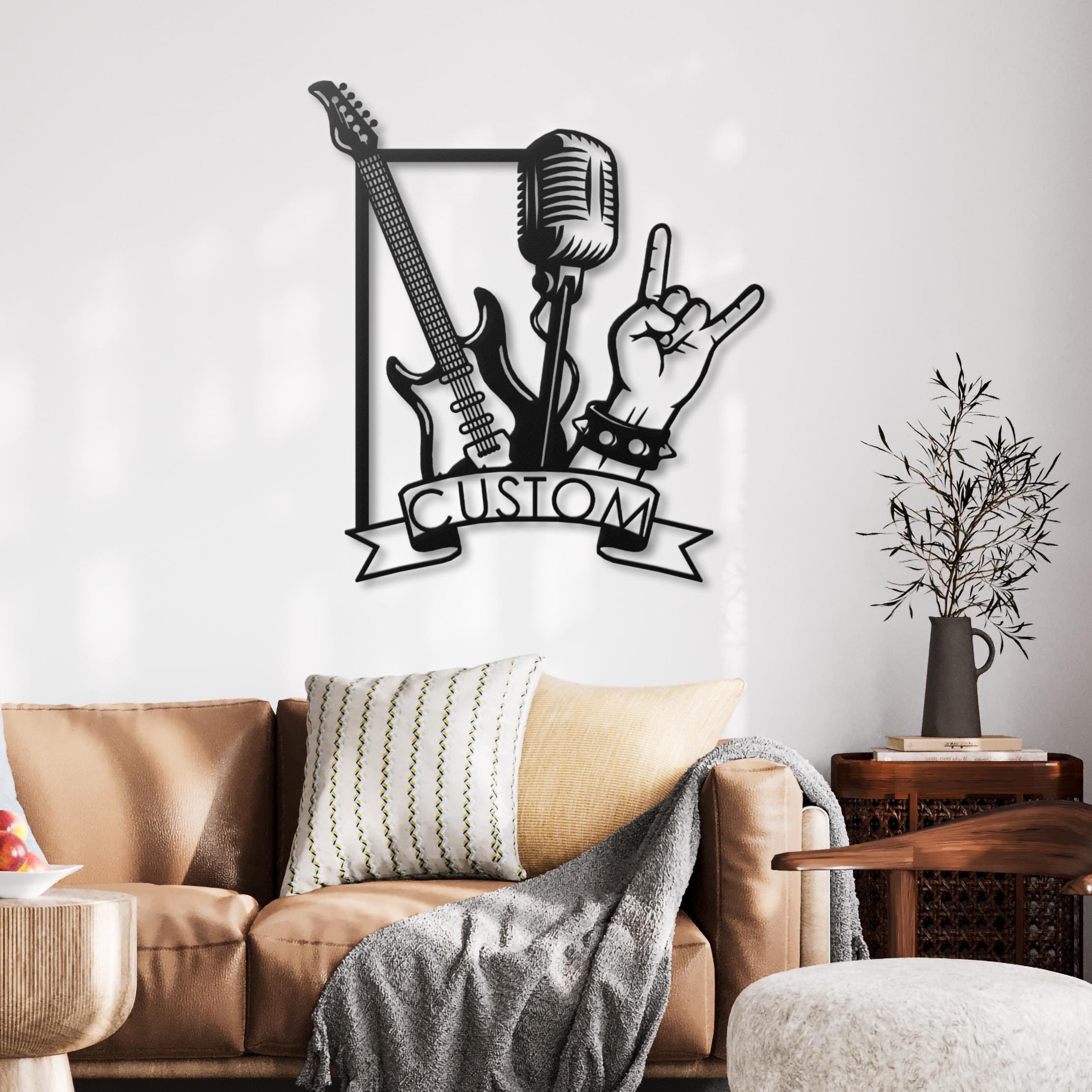Customizable Rock Music Metal Wall Art, Electric Guitar and Microphone Decor, Rock On Sign, Personalized Metal Gift for Guitarists, Man Cave