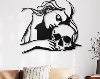 Arte mural de metal con calavera de mujer gótica, arte lineal de rostro femenino oscuro, decoración de pared con calavera, arte minimalista de mujer en metal, decoración gótica moderna,