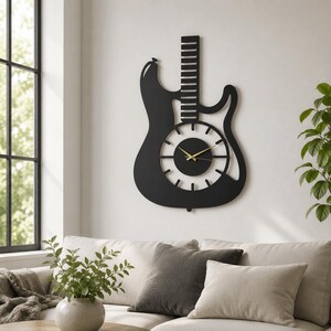 Wanduhr mit E-Gitarre, Metall-Wanddeko, Musikzimmer-Deko, Rock'n'Roll-Geschenk, Musiker-Geschenk, Studio-Deko, Gitarristen-Geschenk, geräuschloser Mechanismus Bild 6