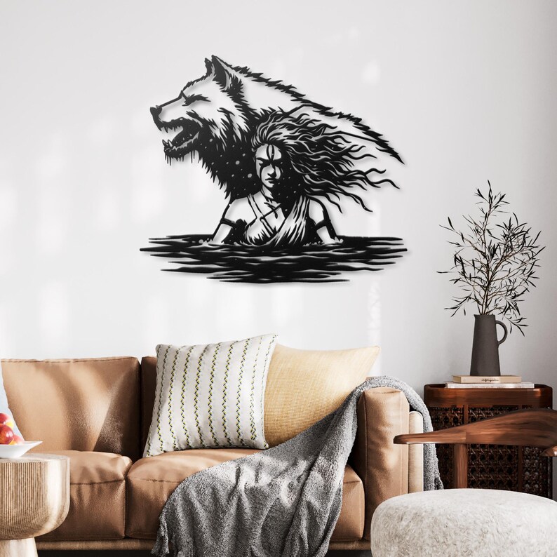 Metalen muurkunst wolf vrouw, silhouet vrouwelijke krijger, muurdecoratie wolfgeest, donkere vrouwelijke krachtkunst, moderne metalen muurdecoratie afbeelding 9