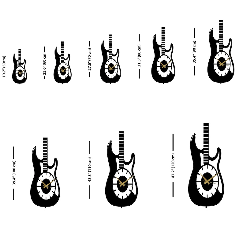 K&ouml;nnte beinhalten: Eine Sammlung von acht schwarz-wei&szlig;en gitarrenf&ouml;rmigen Wanduhren mit goldenen Zeigern, dargestellt in aufsteigenden Gr&ouml;&szlig;en von 50 cm bis 120 cm, wobei jede Uhr zur Gr&ouml;&szlig;enreferenz mit ihrer H&ouml;he in Zoll und Zentimetern beschriftet ist.