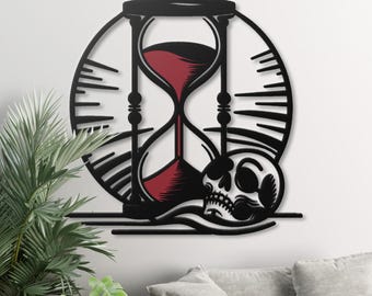 Gothic Metal Hourglass Wall Art, Skull Time Piece Decor ,