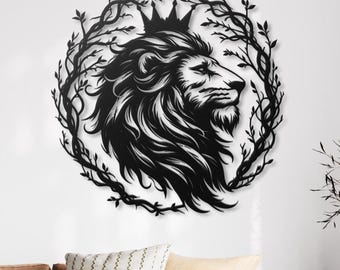 May include: Black metal wall art featuring a lion's head with a crown, surrounded by a circular design of branches.