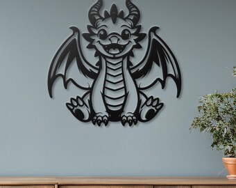 Decorazione murale in metallo a forma di drago, decorazione stravagante a tema drago, arte fantasy, decorazione per la cameretta dei bambini, arte per la cameretta dei neonati, regalo a tema drago, scultura di drago in stile cartone animato.
