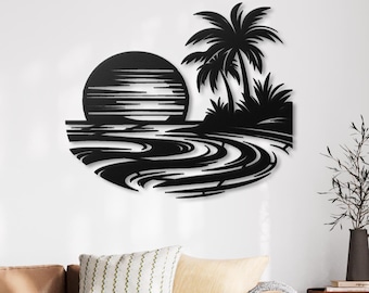 Palm Tree Sunset Metal Wall Art Coastal Island Decor