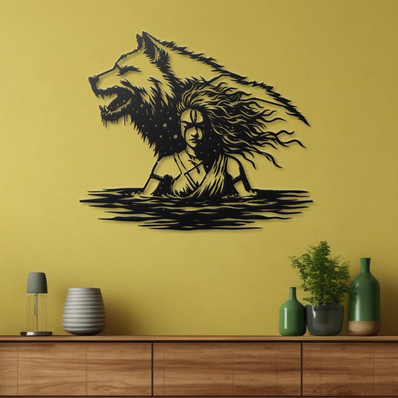 Metalen muurkunst wolf vrouw, silhouet vrouwelijke krijger, muurdecoratie wolfgeest, donkere vrouwelijke krachtkunst, moderne metalen muurdecoratie afbeelding 6