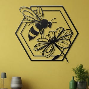Metal Wall Art Bee Hexagon Garden Decor Bee Keeper Gift Modern Farmhouse Wall Art Honeycomb Art Flower Metal Decor Save The Bees