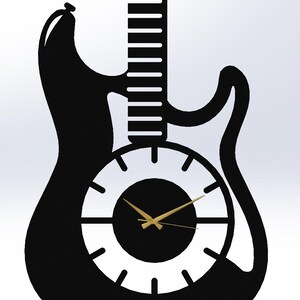 K&ouml;nnte beinhalten: Eine Wanduhr in Form einer schwarzen E-Gitarren-Silhouette. Das Zifferblatt ist kreisf&ouml;rmig mit wei&szlig;em Hintergrund, schwarzen Stundenmarkierungen und d&uuml;nnen goldfarbenen Zeigern. Der Gitarrenhals ragt nach oben und hat horizontale Ausschnitte.