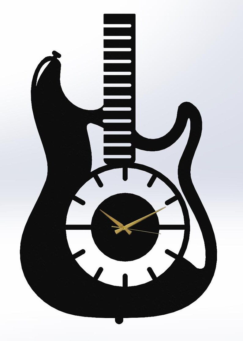 K&ouml;nnte beinhalten: Eine Wanduhr in Form einer schwarzen E-Gitarren-Silhouette. Das Zifferblatt ist kreisf&ouml;rmig mit wei&szlig;em Hintergrund, schwarzen Stundenmarkierungen und d&uuml;nnen goldfarbenen Zeigern. Der Gitarrenhals ragt nach oben und hat horizontale Ausschnitte.