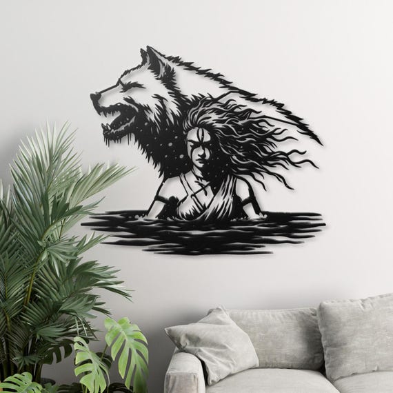 Wolf Woman Metal Wall Art, Female Warrior Silhouette, Wolf Spirit Wall Decor, Dark Feminine Power Art, Modern Metal Wall Decor
