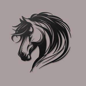 May include: Black silhouette of a horse's head with flowing mane and a detailed design.