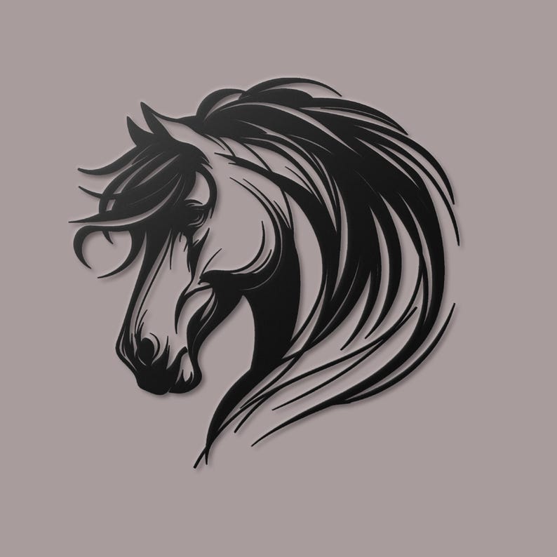 May include: Black silhouette of a horse's head with flowing mane and a detailed design.