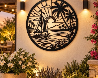 Tropical Sailboat Metal Wall Art, Coastal Beach Wall Decor, Ocean Nautical Decor, Palm Tree Wall Art, Seaside Boat Lover Gift ,