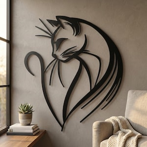 Arte mural de metal con gatos, decoración moderna de pared con gatos, regalo para amantes de los gatos, adorno minimalista de pared con mascotas, decoración para sala de estar y dormitorio. imagen 3