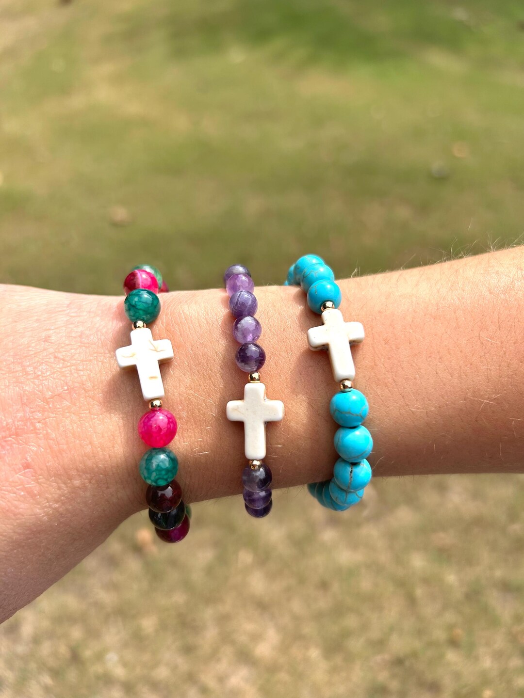 Vicima Stretch Beaded Cross Bracelet – 8mm Beads, Elastic String, Adjustable, Gift Pouch, For Men & Women - View #2
