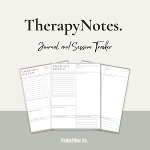 May include: Three therapy journal pages with the text "Therapy Notes" and "Journal and Session Tracker". The pages are white with a light pink, green, and white border. The pages have sections for notes and tracking.
