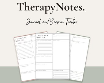 May include: Three therapy journal pages with the text "Therapy Notes" and "Journal and Session Tracker". The pages are white with a light pink, green, and white border. The pages have sections for notes and tracking.