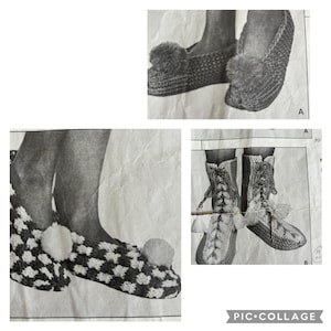 Könnte beinhalten: Ein Vintage-Strickmuster für gehäkelte Hausschuhe und Stiefel. Das Muster enthält Anleitungen für zwei Stile: einen einfachen Hausschuh mit einem Bommel und einen höheren Stiefel mit Schnürung und Bommeln.
