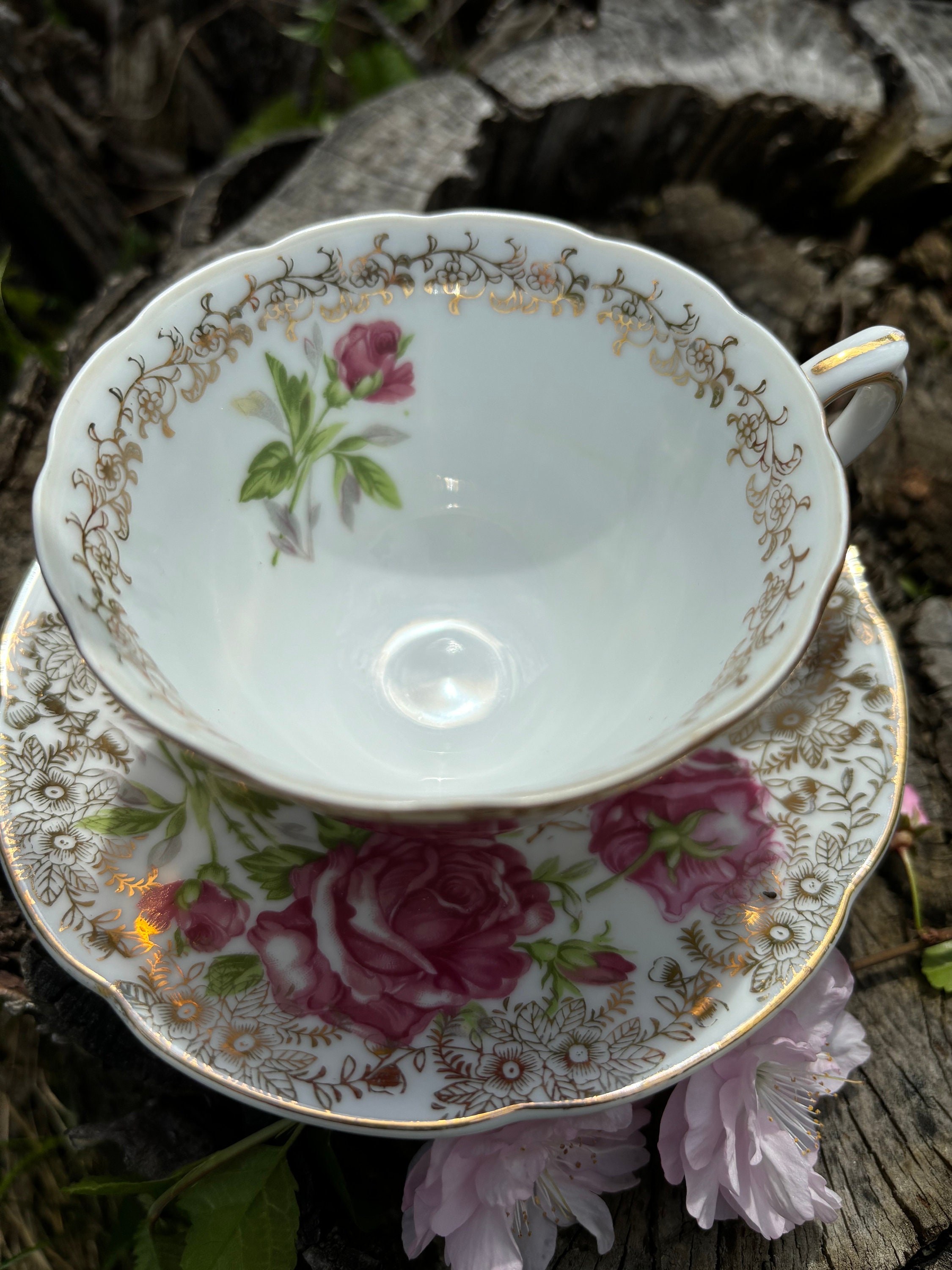 Made in Japan Tea Cup Saucer Vintage Gold Pink Roses - Etsy