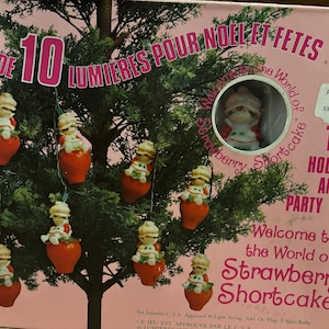 May include: A set of 10 Strawberry Shortcake holiday lights. The lights feature a string of 10 small ceramic figurines of Strawberry Shortcake, each with a different expression. The lights are strung on a clear wire and are powered by a plug-in adapter. The box features the text "Jeu de 10 Lumieres Pour Noel et Fetes" and "Welcome to the World of Strawberry Shortcake".