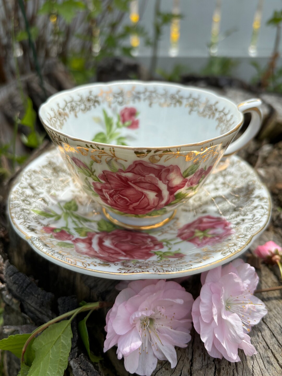 Made in Japan Tea Cup Saucer Vintage Gold Pink Roses - Etsy
