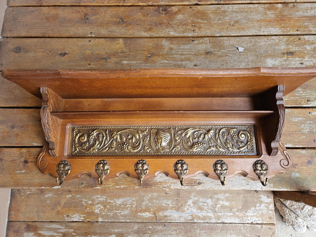 Vintage Wooden Coat Hook, Metal Inlay - Etsy