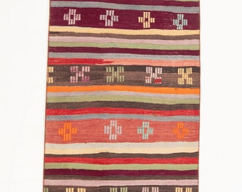 May include: A colorful striped rug with geometric patterns in shades of red, orange, brown, green, and blue. The rug has a fringed edge.