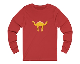 May include: Red long-sleeve t-shirt with a yellow camel graphic.
