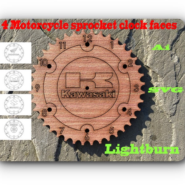 4 Motorcycle sprocket clock faces for laser cutting, files include Ai - Lightburn and svg