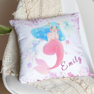 Personalized Name Pillowcase, Cute Mermaid Throw Pillow Cover, Birthday Gift For Girls Kids, Cushion Cover For Bed Sofa Car