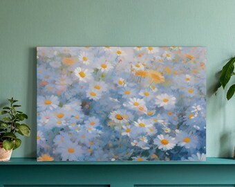 Wildflowers Canvas Wall Art, Oil Painting Daisy Print, White Flower Garden Painting, Botanical Canvas Print, Wall Art Gift